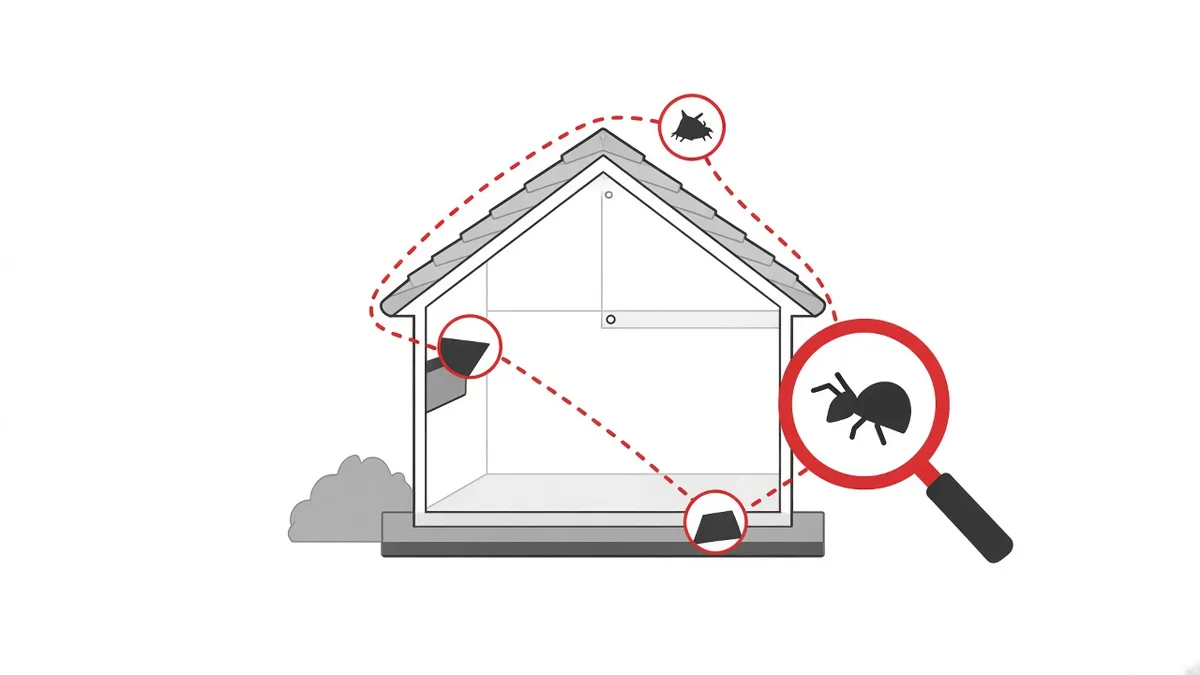 Illustration of a house outline with warning indicators marking common pest entry points